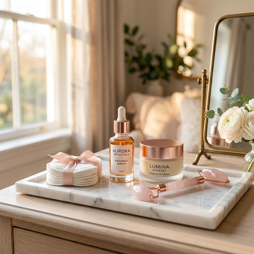 Escena de rutina de skincare premium con productos en bandeja de mármol