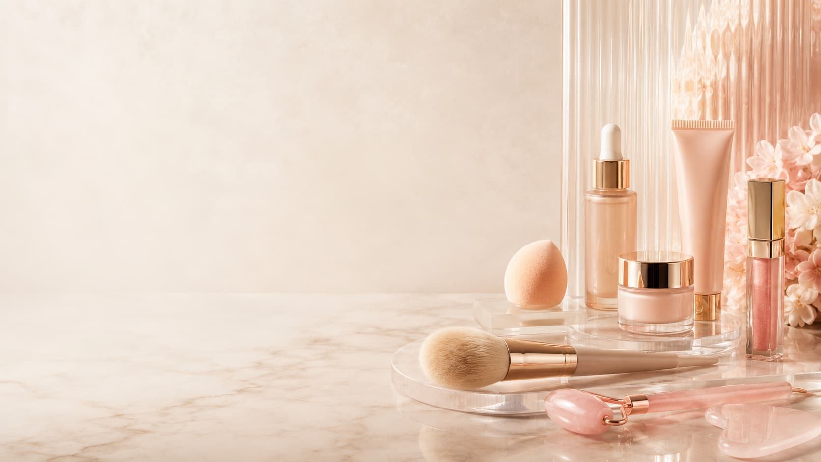 Campaña publicitaria MiniGlow: lo bonito de cuidarte. Productos premium de skincare y maquillaje en un ambiente elegante.